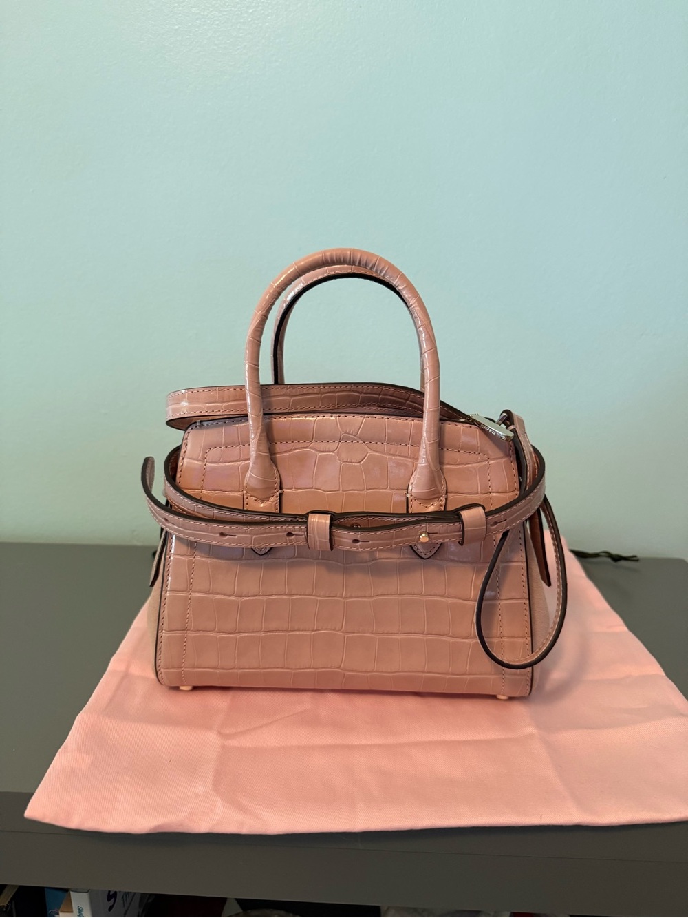 Kate Spade Knott Croc-Embossed Leather and Suede Medium Satchel Pink - Picture 3 of 5